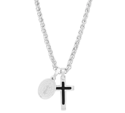 Steeltime Men's Cross & St. Benedict Pendant Necklace, 24" In Black,silver