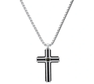 Steeltime Men's Silver-tone Crystal Cross Pendant Necklace, 24" In Black,silver