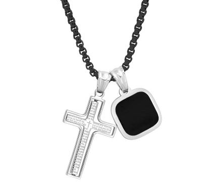 Steeltime Men's Silver-tone Our Father English Prayer Spinning Cross & Square Pendant Necklace, 24" In Black,silver,blue