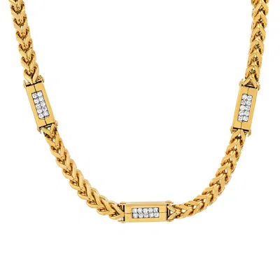Steeltime Men's 18k Gold Plated Stainless Steel Wheat Chain And Simulated Diamonds Link Necklace