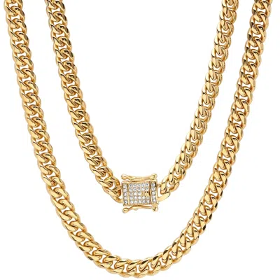 Steeltime Men's Stainless Steel 8mm 18k Gold Plated Miami Cuban Necklace Chain With Cz Box Clasp 24