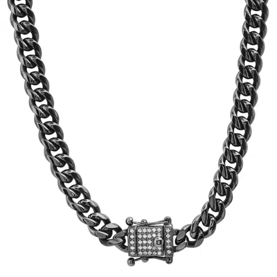 Steeltime Men's Stainless Steel 8mm Black Ip Plated Miami Cuban Necklace Chain With Cz Box Clasp 24