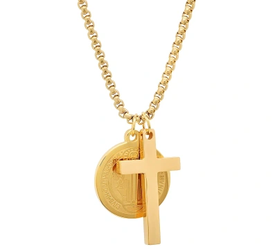 Steeltime Men's Stainless Steel Cross And St. Benedict Religious 24" Pendant Necklace In Gold