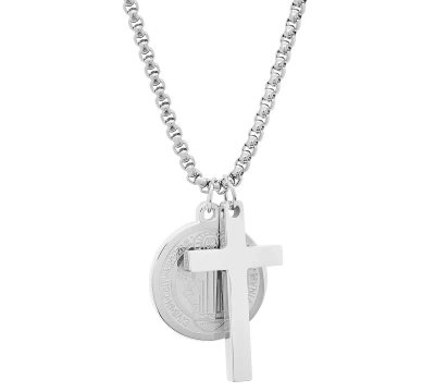 Steeltime Men's Stainless Steel Cross And St. Benedict Religious 24" Pendant Necklace In Silver