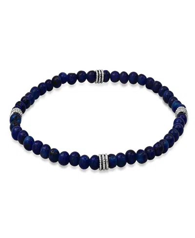 Steeltime Men's Sterling Silver And Blue Lapis Beaded Stretch Bracelet