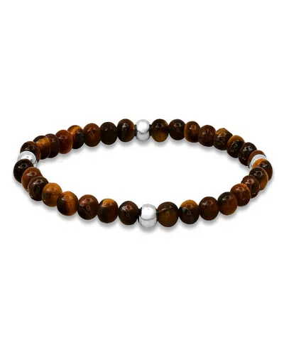 Steeltime Men's Sterling Silver And Tiger Eye Beaded Stretch Bracelet