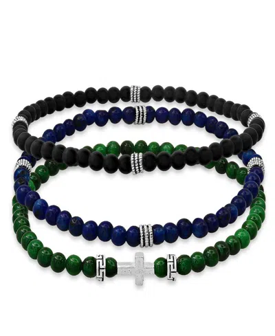 Steeltime Men's Sterling Silver Lapis Beaded Stretch Bracelet Set