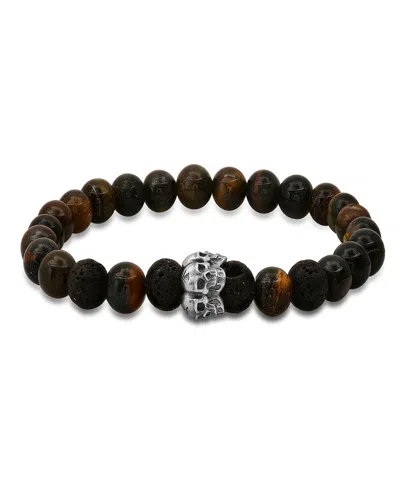 Steeltime Men's Tiger Eye, Black Lava And Sterling Silver Skull Beaded Stretch Bracelet