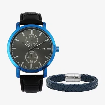 Steeltime Mens Black Leather 2-pc. Watch Boxed Set C6008617191 In Transparent