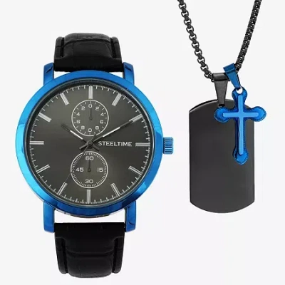Steeltime Mens Black Leather 2-pc. Watch Boxed Set C6008669135 In Transparent