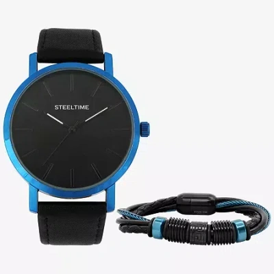 Steeltime Mens Black Leather 2-pc. Watch Boxed Set C6014w-668031b In Transparent