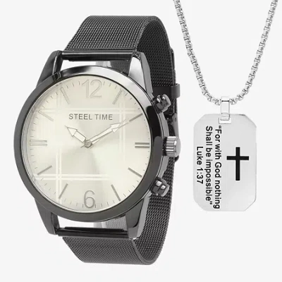 Steeltime Mens Black Stainless Steel 2-pc. Watch Boxed Set 879005965011 In Transparent