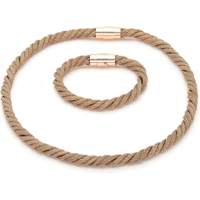 Steeltime Mesh Chain Bracelet & Necklace Set In Brown