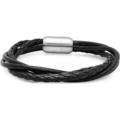 Steeltime Multi Strand Knotted Leather Bracelet In Black Two Braids