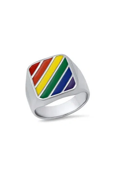 Steeltime Rainbow Stripe Signet Ring In Multi