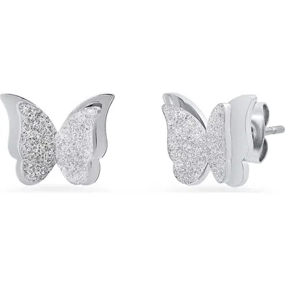 Steeltime Sand Dust Layered Butterfly Stud Earrings In Silver