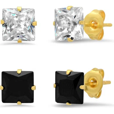 Steeltime Set Of 2 18k Gold Plated Square Stud Earrings In Multi