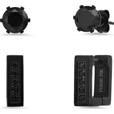 Steeltime Set Of 2 Black Crystal Stud & Huggie Hoop Earrings