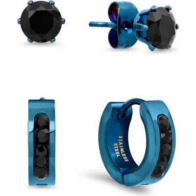Steeltime Set Of 2 Black Crystal Stud & Huggie Hoop Earrings In Black/ Blue