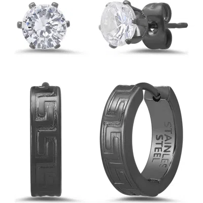 Steeltime Set Of 2 Crystal Stud & Huggie Hoop Earrings In Black