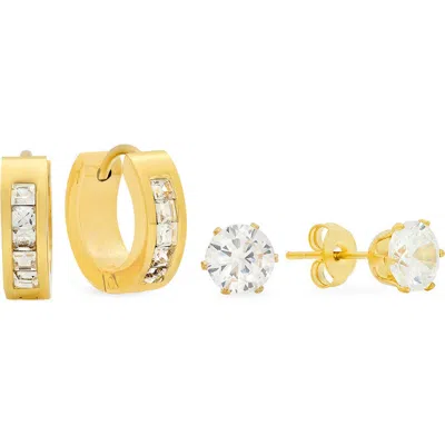 Steeltime Set Of 2 Cubic Zirconia Huggie & Stud Earrings In Gold
