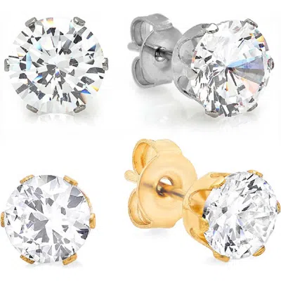 Steeltime Set Of 2 Cubic Zirconia Stud Earrings In Gold