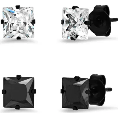 Steeltime Set Of 2 Square Stud Earrings In Black