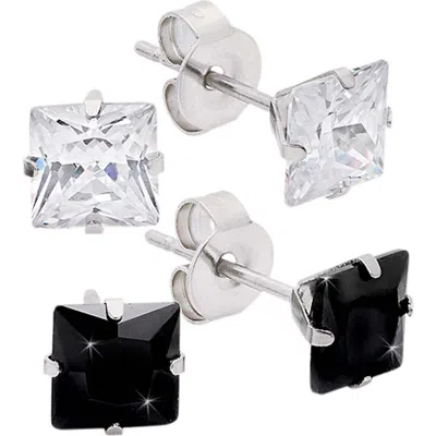 Steeltime Set Of 2 Stud Earrings In Silver/black