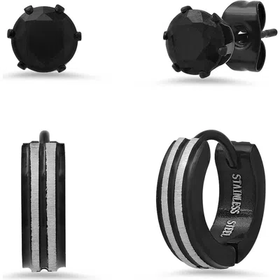 Steeltime Set Of 2 Two Tone Stud & Huggie Hoop Earrings In Black