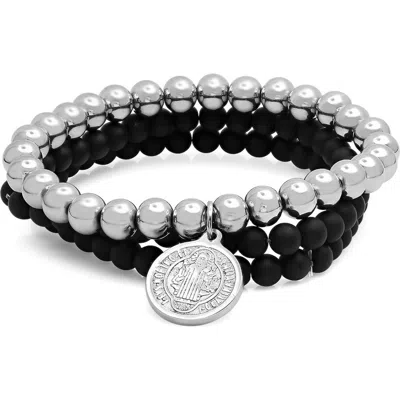 Steeltime Set Of 3 Beaded Stretch Bracelets In Black