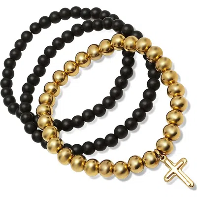 Steeltime Set Of 3 Beaded Stretch Bracelets In Gold