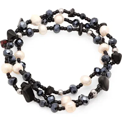 Steeltime Set Of 3 Beaded Stretch Bracelets In Black
