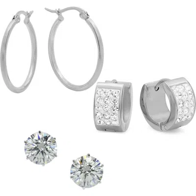 Steeltime Set Of 3 Hoop & Stud Earrings In Silver