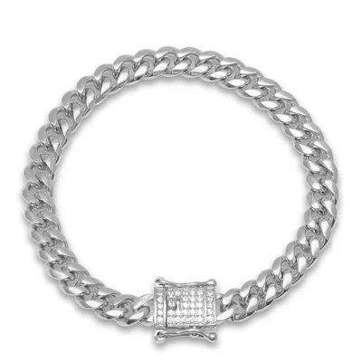 Steeltime Silver Men's Stainless Steel 8mm Miami Cuban Bracelet With Cz Box Clasp In Metallic