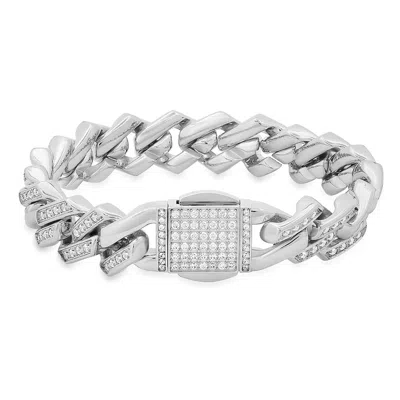 Steeltime Silver Mens Stainless Steel 14mm Miami Cuban Link Cz Iced Out Bracelet With  Monaco Clasp 8.75 Inch In Metallic