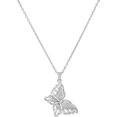 Steeltime Simulated Diamond Butterfly Pendant Necklace In Silver