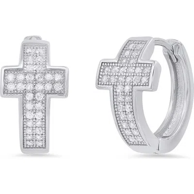 Steeltime Simulated Diamond Cross Huggie Hoop Earrings In Silver