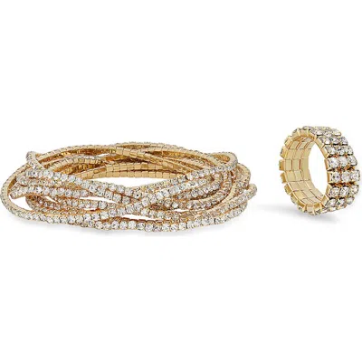 Steeltime Simulated Diamond Flexible Bracelet & Ring Set In Gold