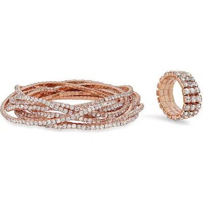 Steeltime Simulated Diamond Flexible Bracelet & Ring Set In Rose Gold