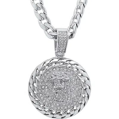 Steeltime Simulated Diamond Jesus Medallion Necklace In Silver