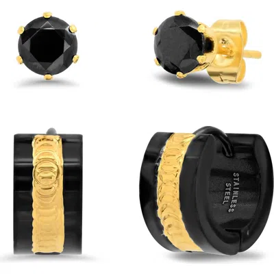 Steeltime Simulated Diamond Studs & Two-tone Hoop Earrings Set In Gold