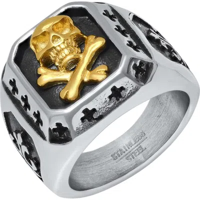 Steeltime Skull And Crossbones Ring In Silver/gold
