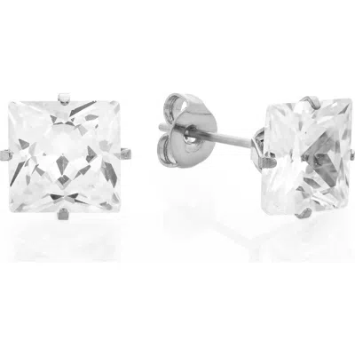 Steeltime Square Crystal Stud Earrings In Silver