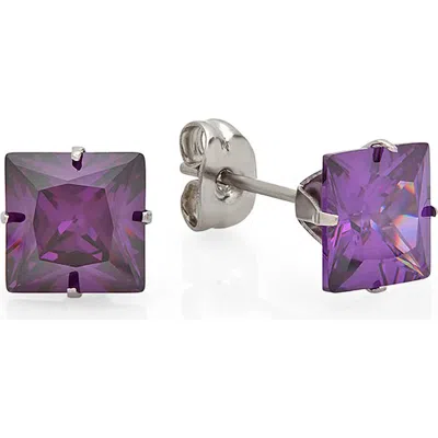 Steeltime Square Cubic Zirconia Stud Earrings In Purple