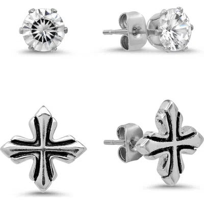 Steeltime Stainless Steel Cross And Solitaire Stud Earrings In Silver