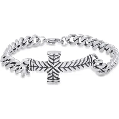 Steeltime Stainless Steel Cuban Chain Cross Bracelet In Silver