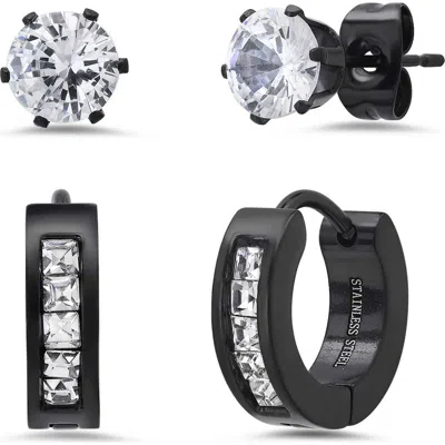 Steeltime Stainless Steel Cubic Zirconia Stud & Huggie Hoop Earring Set In Black