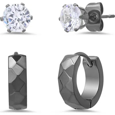 Steeltime Stainless Steel Cz Stud & Huggie Hoop Earrings In Black
