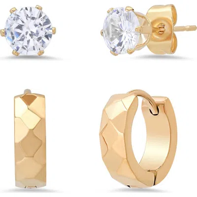 Steeltime Stainless Steel Cz Stud & Huggie Hoop Earrings In Gold