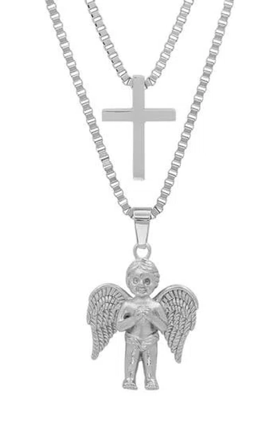 Steeltime Stainless Steel Layered Cross & Cherub Pendant Necklace In Silver